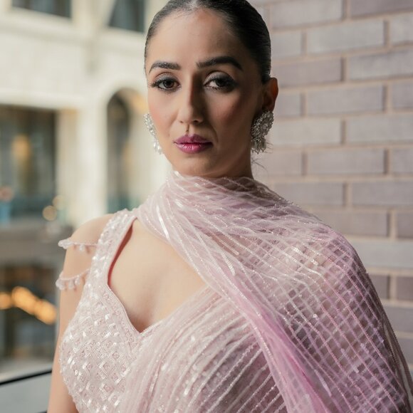 Pink Ombre Net Hand Embroidered Pre-Draped Saree Set - Picture 4 of 4